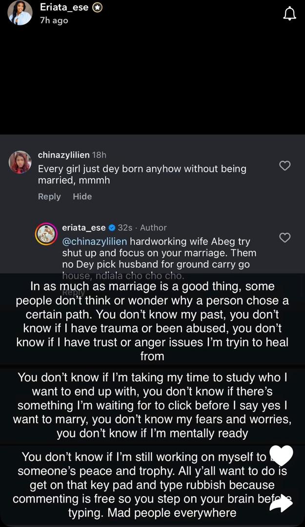 Reality TV star, Ese Eriata, tackles IG user for judging women who have kids out of wedlock